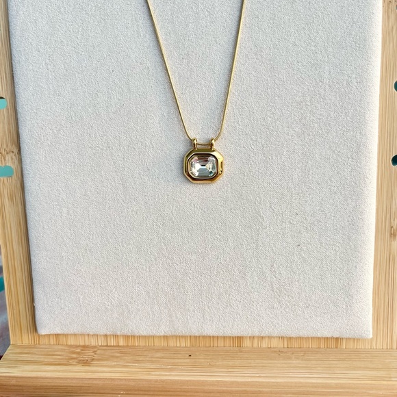 18K Gold Plated Stainless Steel Square White AAA CZ Crystal Pendant Necklace - Picture 8 of 15